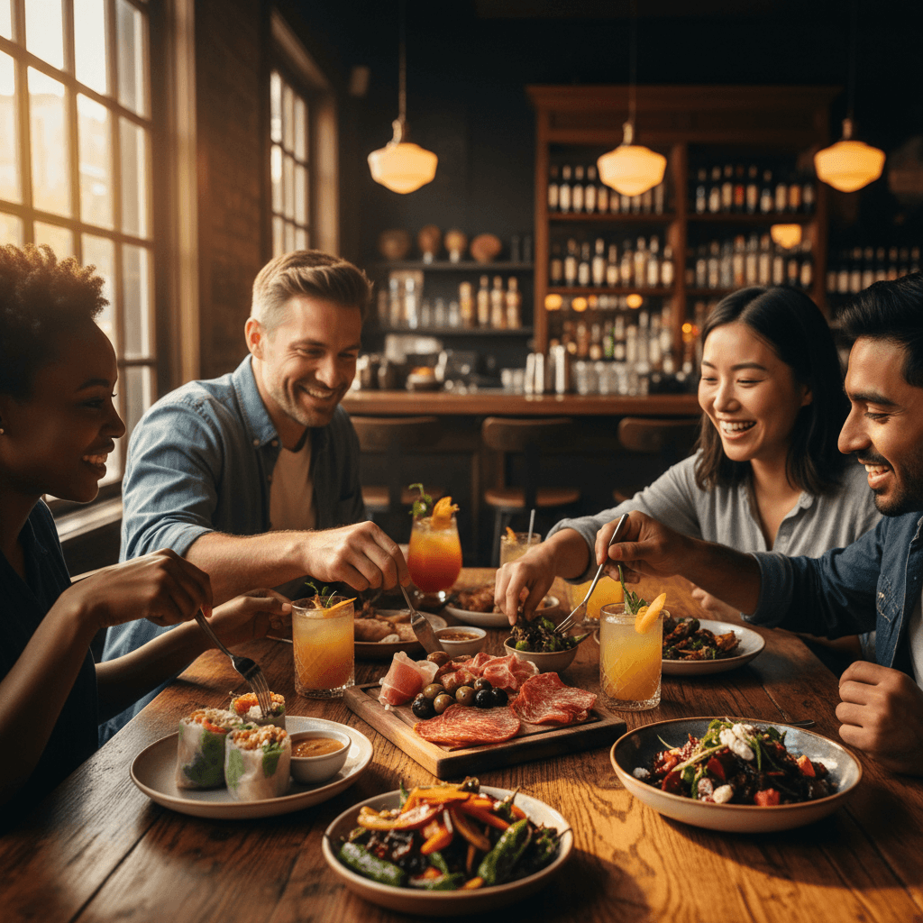 Restaurant table with colorful appetizers and drinks