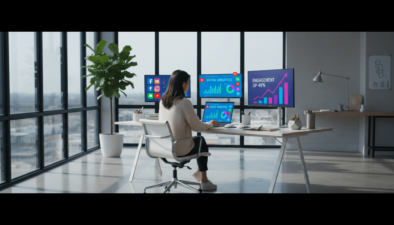 Social media strategist working at desk with analytics dashboard visible
