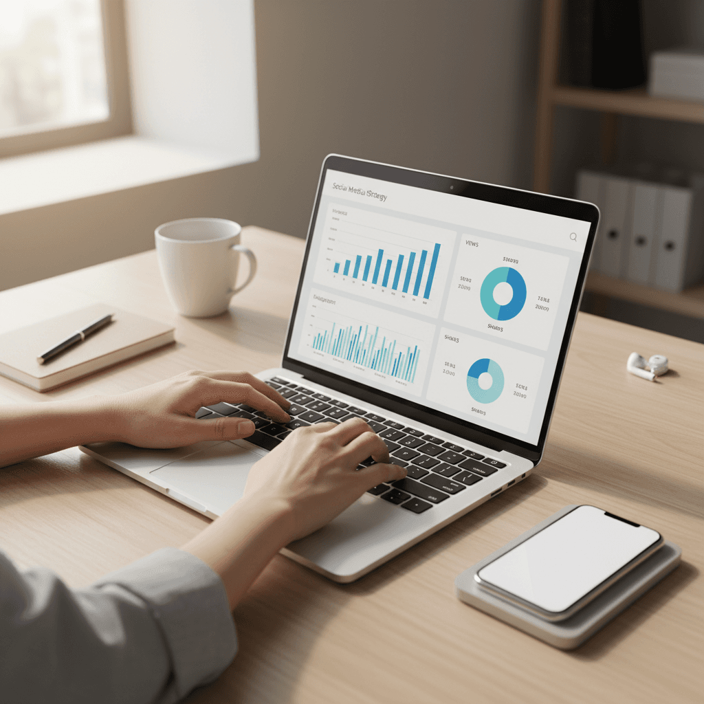 Business owner reviewing social media analytics and growth metrics