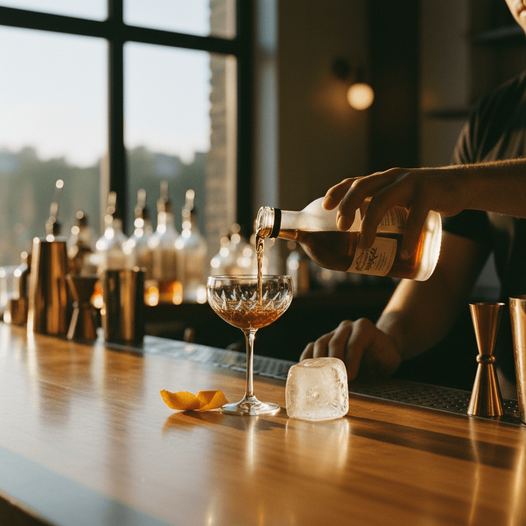 Craft cocktail preparation at a bar with fresh garnish
