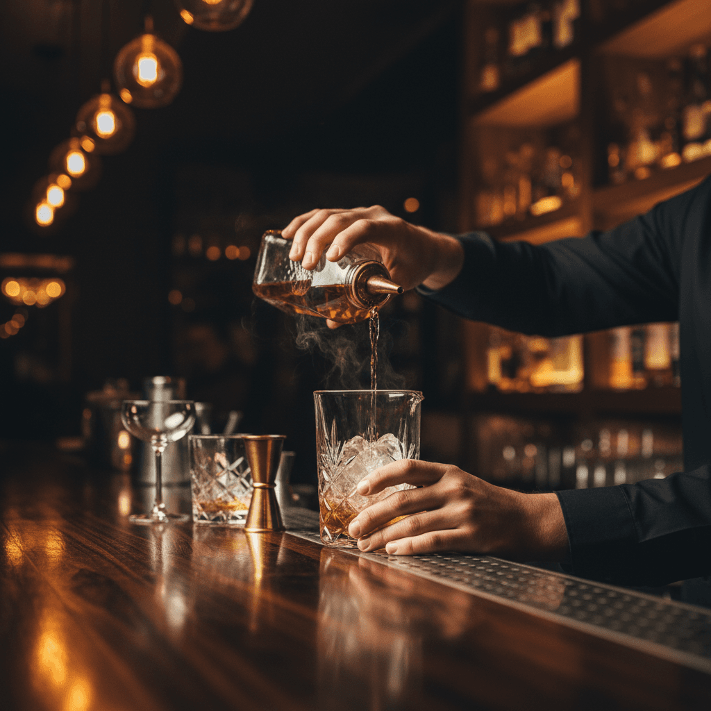 Bartender pouring a layered cocktail with precision