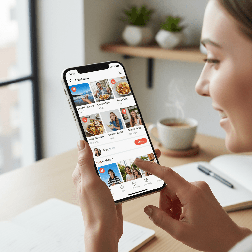 Person's hands holding smartphone displaying colorful social media feed with interactive features in natural sunlit workspace