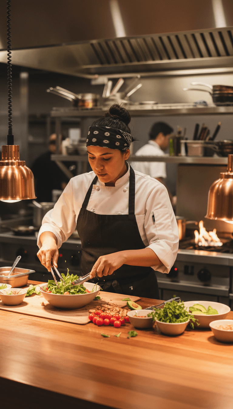 Restaurant kitchen team plating dishes with precision