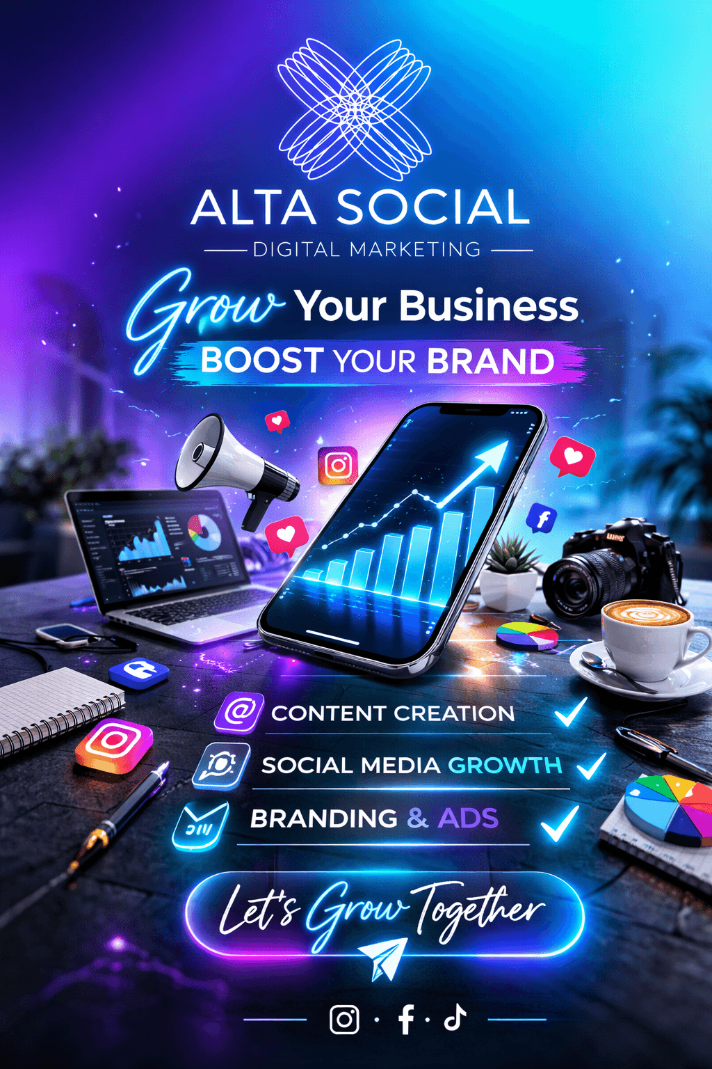 Alta Social digital marketing ad showcasing social media growth, branding, and content creation services.