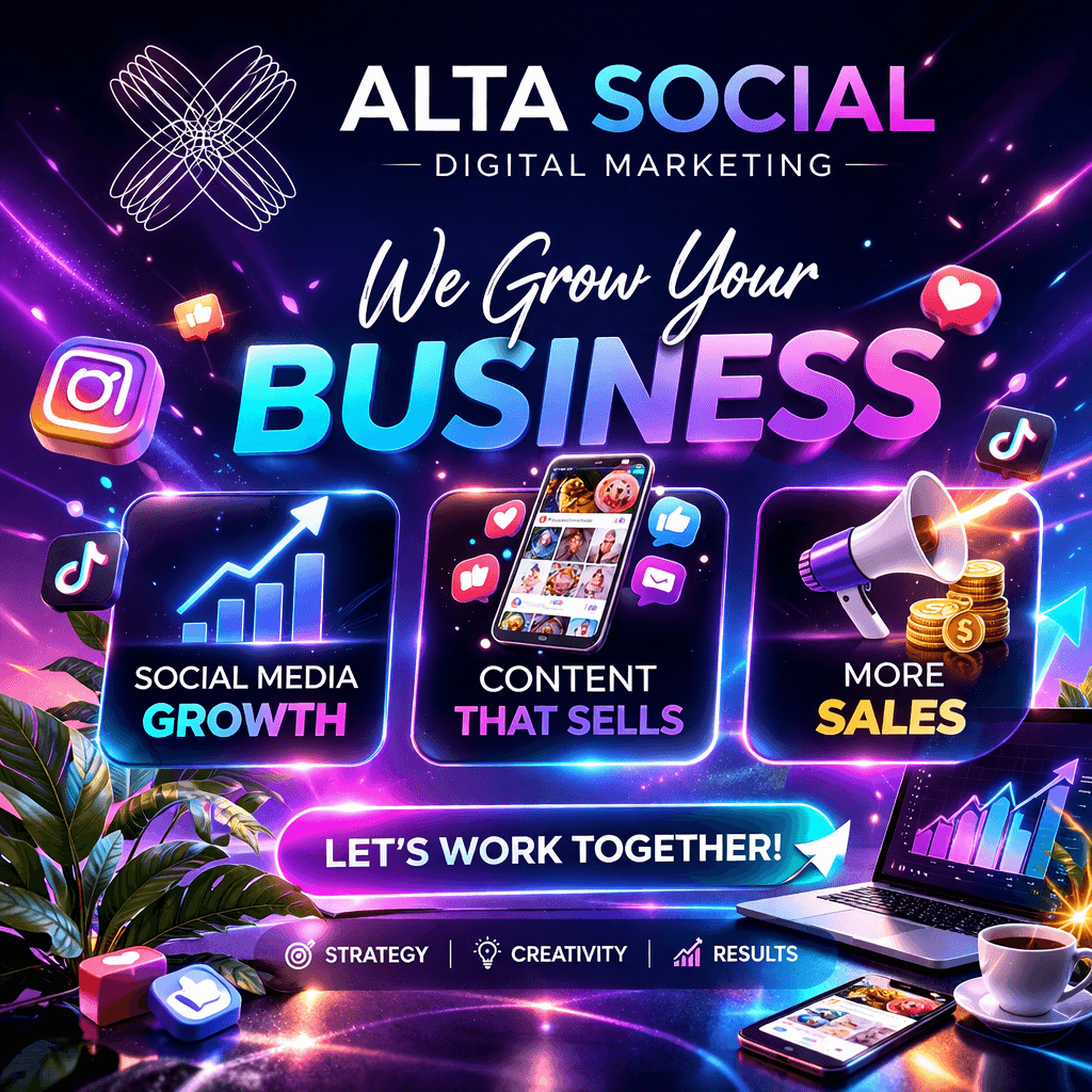 Vibrant neon advertisement for Alta Social digital marketing featuring social media growth, content, and sales.